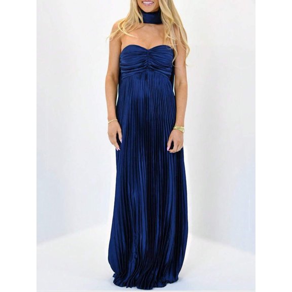 Navy Blue Strapless Ruched Pleated Maxi Dress With Neck Scarf For Women