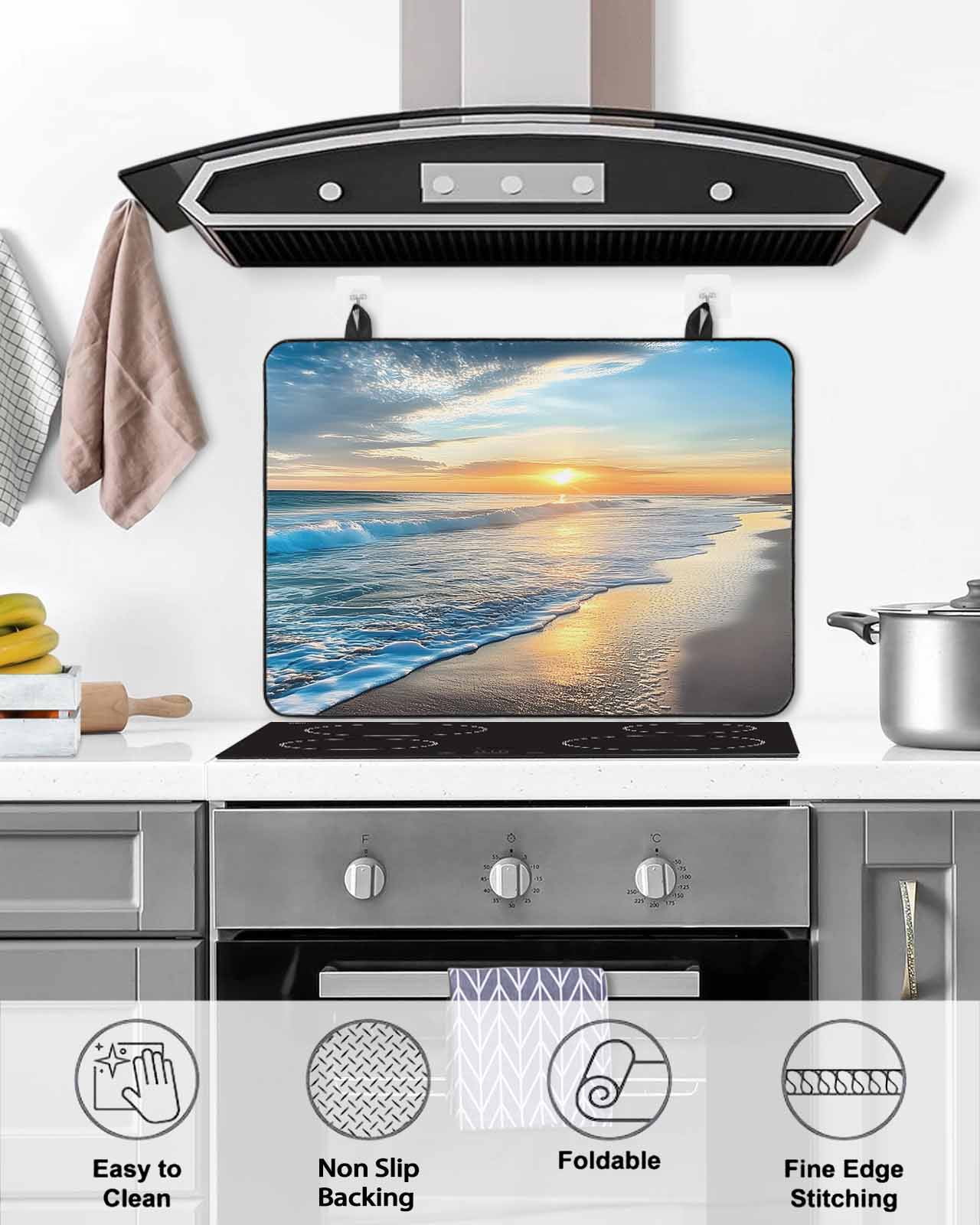 nqOlkjepod Large Induction Cooktop Protector Mat 36"x21", Sunset Beach Stove Top Covers for Electric Stove, Spray Ocean Waves Sky Nature Scenery Stove Burner Cover Mats, Glass Top Stove Cover
