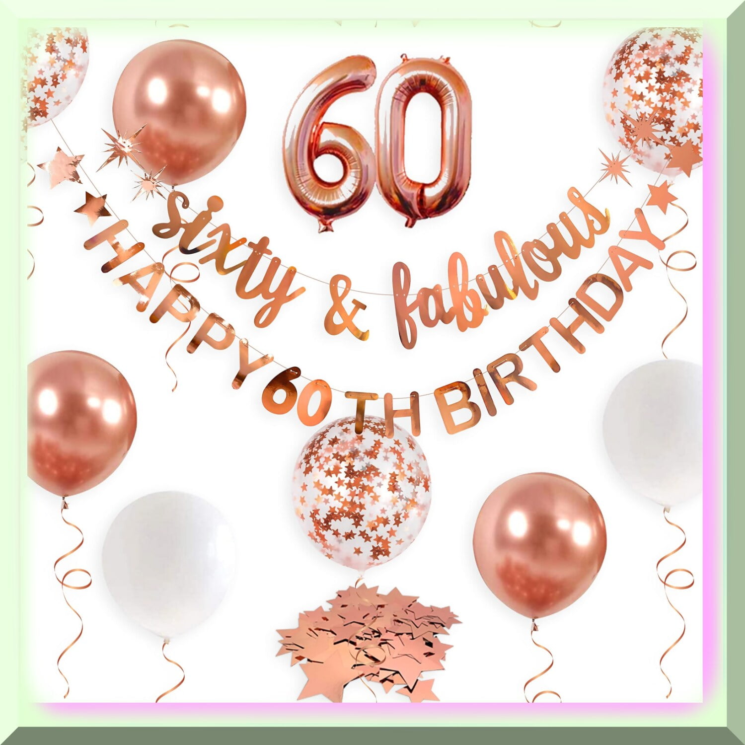 60th Birthday Decoration Kit - Rose Gold Balloon Arch With Number 60 & Banner For Women