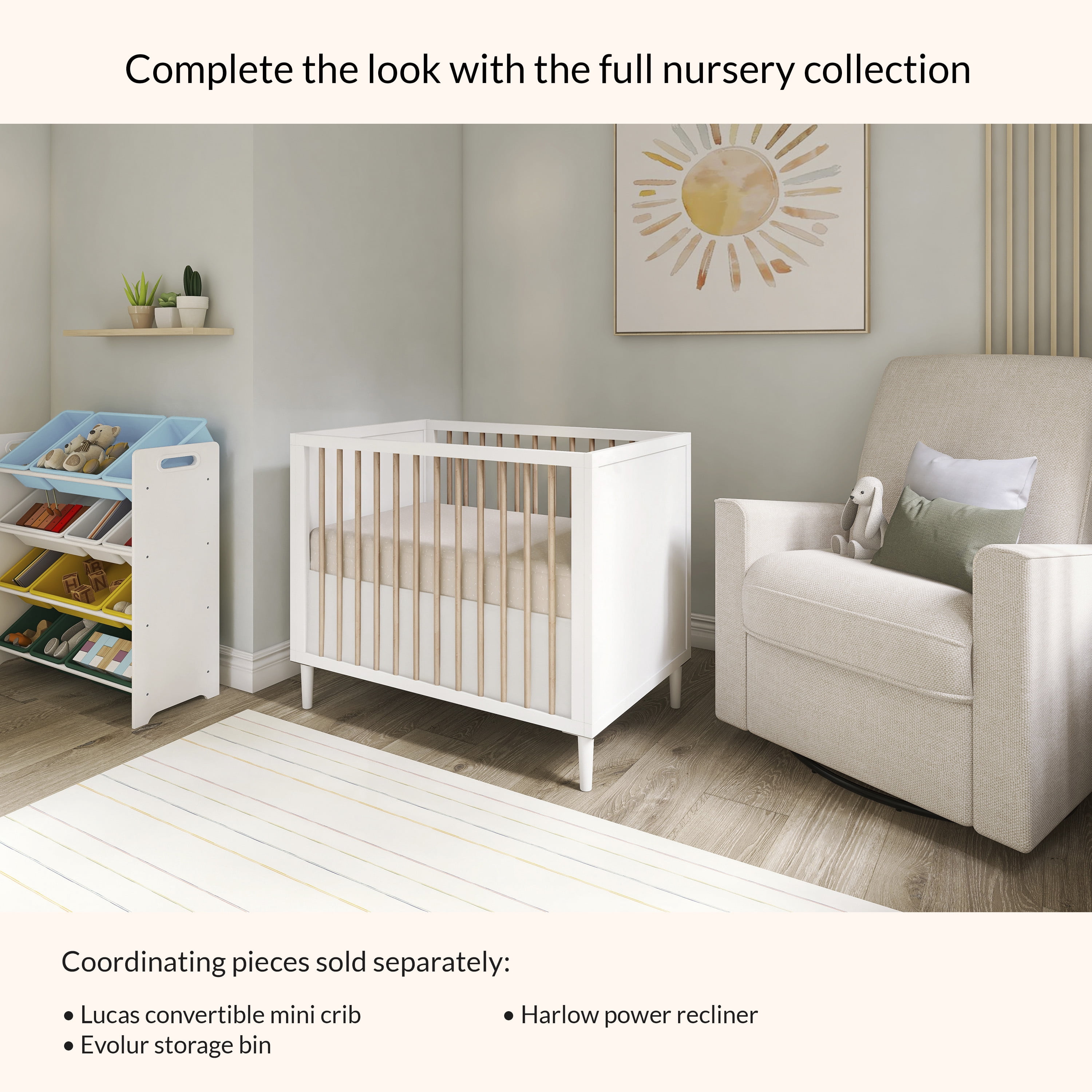 Dream On Me Lucas Mini Modern Crib With Rounded Spindles I Convertible Crib I Mid- Century Meets Modern I Portable Crib, White Vintage Oak
