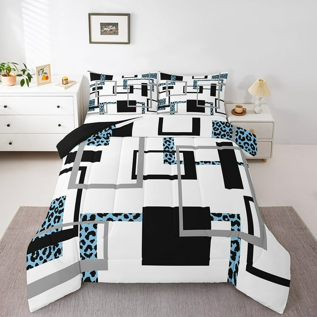 YST Couette à Rayures Bleues Très Grand pour Enfants Garçons Filles, Literie Moderne, Ensembles de Literie Imprimés Guépard, Couette Réversible Géométrique Chic avec 2 Taies d'Oreiller
