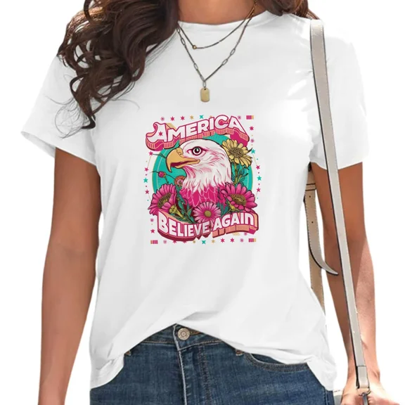 UNISHE Women's America Believe Again Bald Eagle Graphic Tee Vintage Patriotic Floral Top for Daily Outfit White, S