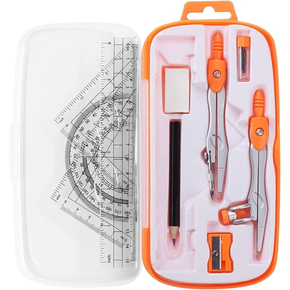 10-Piece Math Geometry Kit for Students - Shatterproof Storage Case Included | Ruler, Protractor, Compass, Eraser, Pencil Sharpener, Refills (2 Packs), Pencil & Drawing Tool，Orange