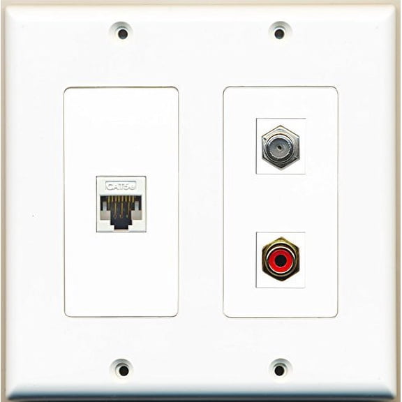 RiteAV - 1 Port RCA Red 1 Port Coax Cable TV- F-Type 1 Port Cat5e Ethernet White - 2 Gang Wall Plate