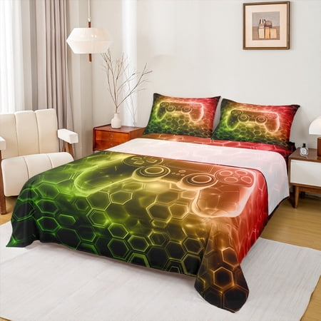 Manfei Boys Gaming Gamer Twin Sheet Sets 3pcs Gradient Game Console Twin Fitted Sheet Black Gold Orange Honeycomb Flat Sheet Ultra Soft Home Decor