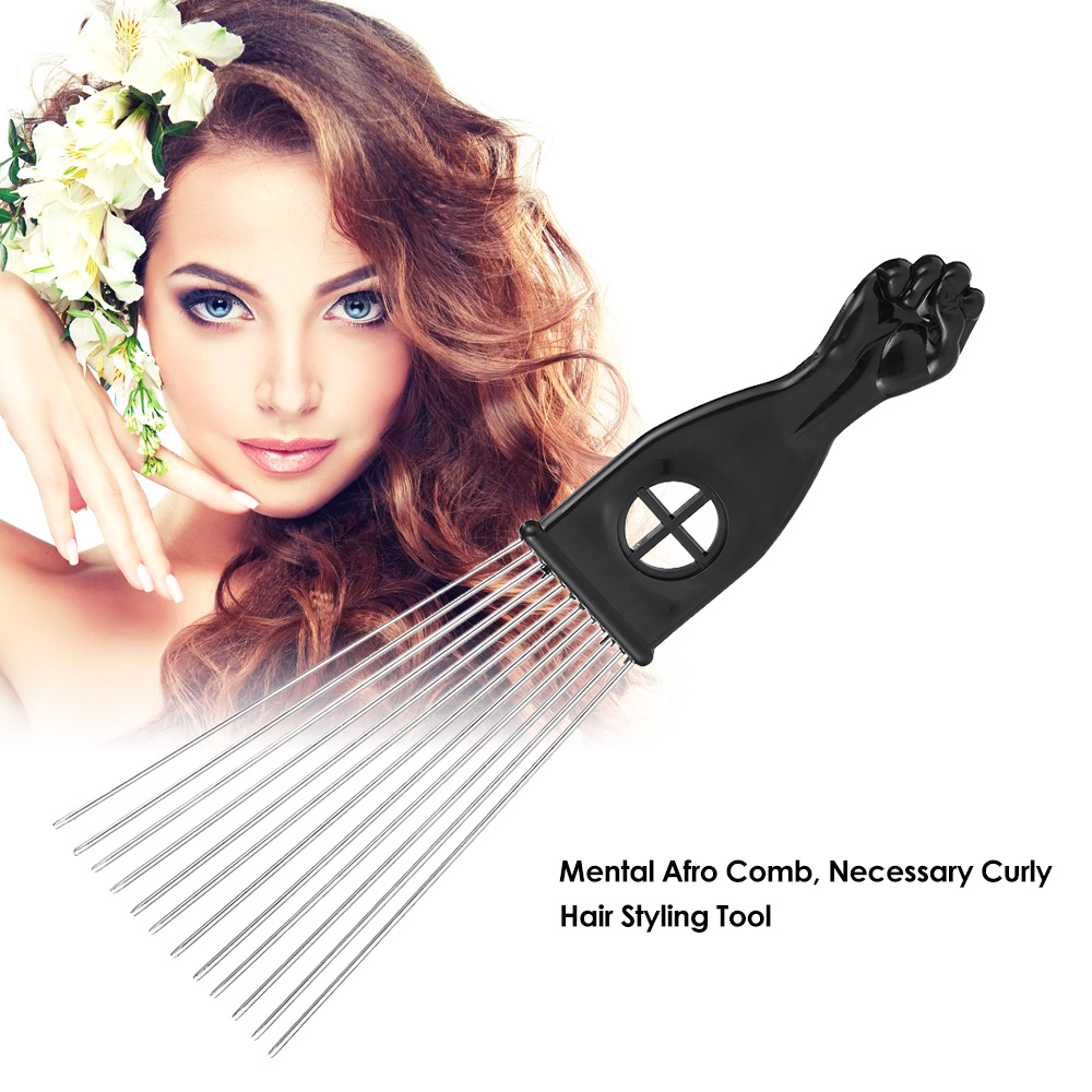 Anself Metal Afro Comb African American Pick Comb Hair Brush Hairdressing Styling Tool Black