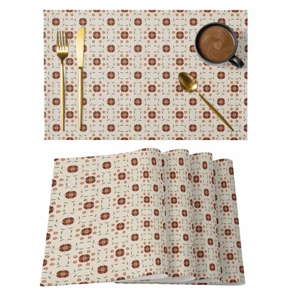 Retro Brown Placemats Set of 1, Abstract Flowers Leaf Moroccan Tiles Non-Slip Place Mats Washable Table Mats for Kitchen Dining Table Decorations Indoor/Outdoor