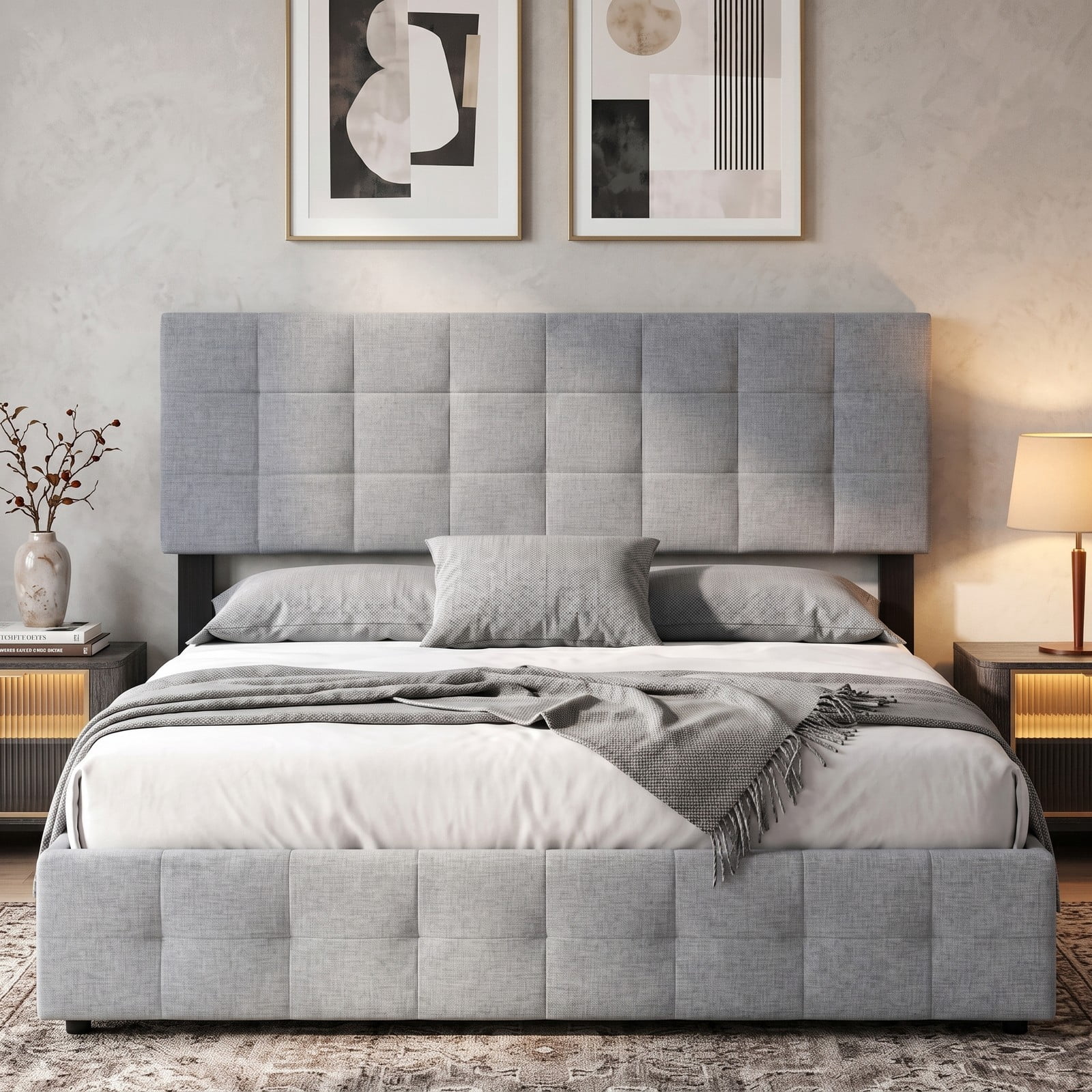 Furnibear Upholstered Headboard for Full and Queen Bed Frame, Quilted Grid Linen Panel with Adjustable Legs for Bedroom, Gray