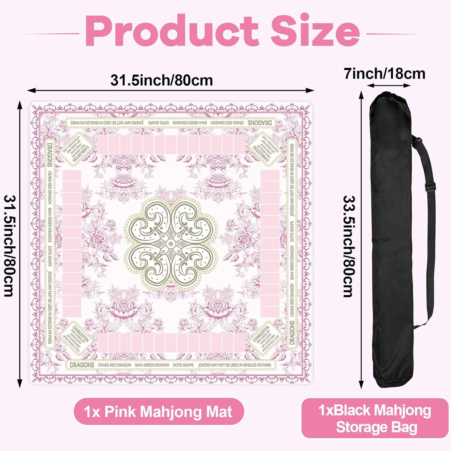 Chinoiserie Mahjong Mat with Black Carrying Bag 31.5 x 31.5 Inches Multi Purpose Game Table Cover Anti Slip and Noise Reduction for Mahjong Poker Board Card Dominoes Games(Pink)