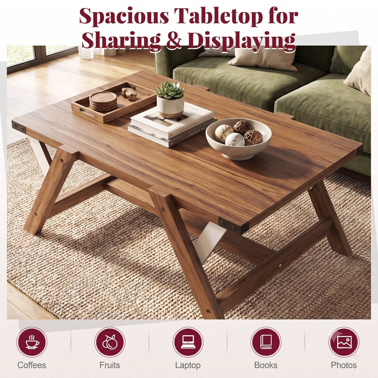Furnibear Farmhouse Coffee Table, Rectangle Center Table with Nailhead Accents, Wood Living Room Cocktail Table with Anti-Wobble Legs and H-Shaped Base, Walnut