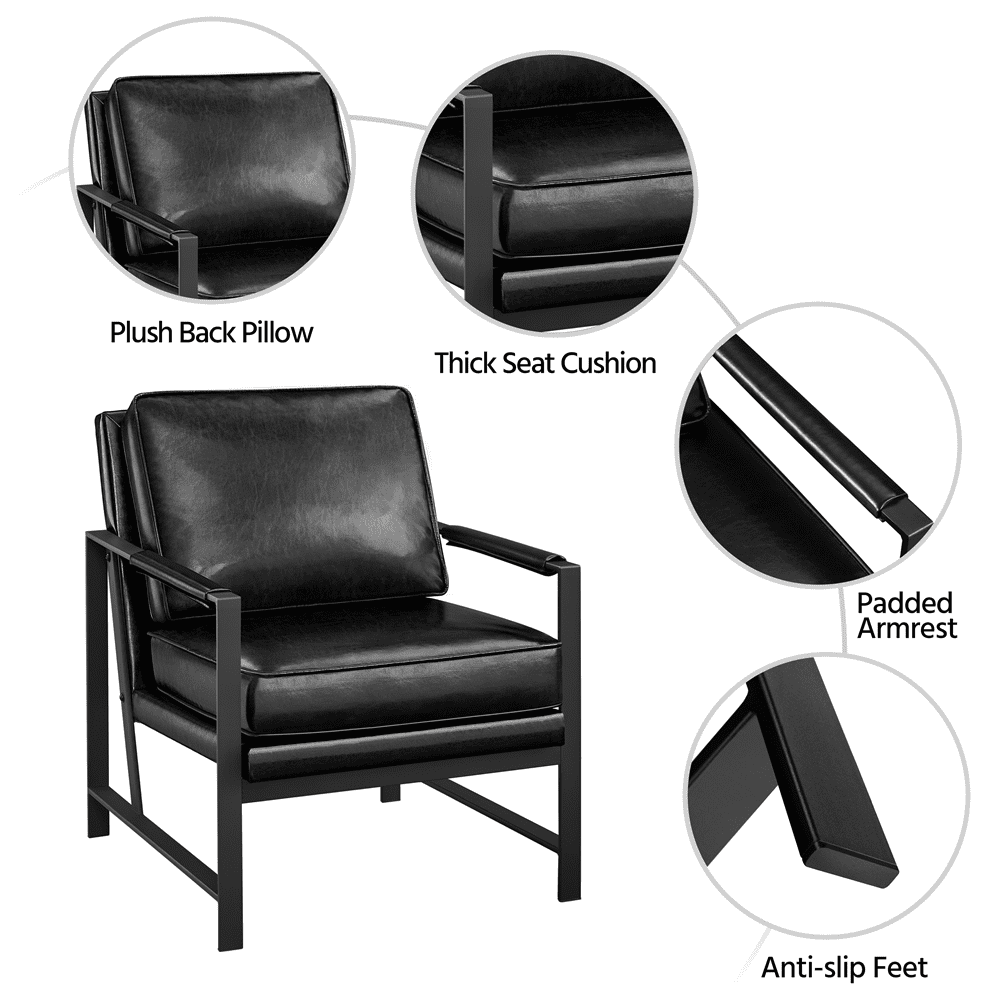 Alden Design Retro PU Leather Modern Accent Chair with Metal Arms for Livingroom, Black