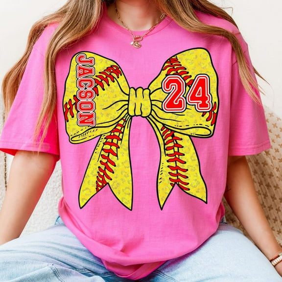 Custom Name Softball T-shirt, Coquette Bow Softball Shirt, Game Day Softball Mama, Retro Sports Mom Tee