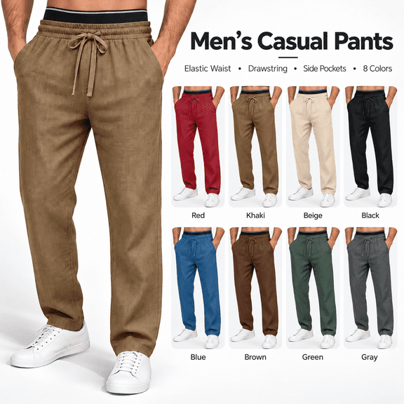 Aezemi Men Cotton Linen Work Pants Drawstring Pull On Fashion Straight Leg Long Pants with Pockets Elastic Waist Fashion Casual Business Trousers L