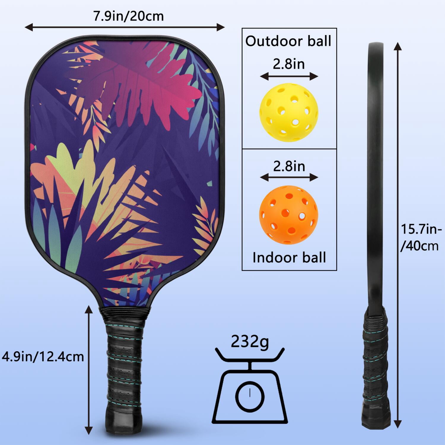 Pickleball Paddles Set Of 1, Fiberglass Surface, Tropical Leaf Print, 1 Paddle, 2 Balls & Bag