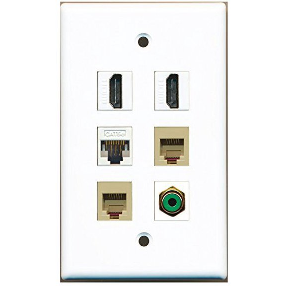 RiteAV - 2 HDMI 1 Port RCA Green 2 Port Phone RJ11 RJ12 Beige 1 Port Cat5e Ethernet White Wall Plate