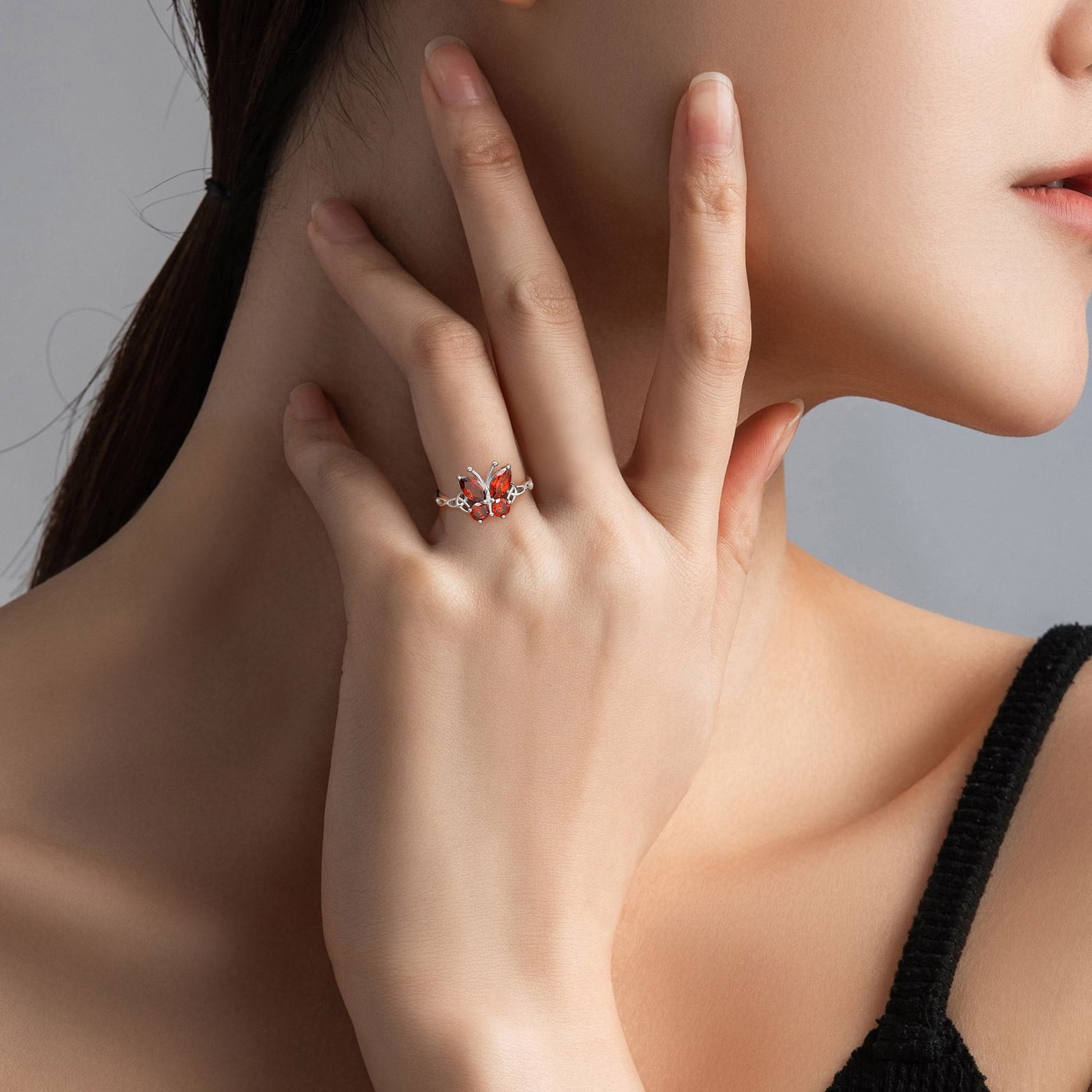 Bestyle Pure S925 Sterling Silver Butterfly Rings, July Ruby Birthstone Adjustable Open Band Ring Jewelry Gift Birthday Mother's Day Christmas