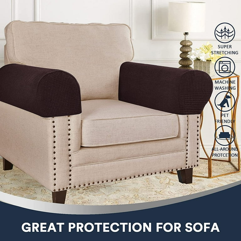Arm Rest Covers Set Pack of 2 Stretch Armchair Arm Covers Soft Polyester Arm Caps Non Slip Furniture Protector for Chair Sofa Couch Brown