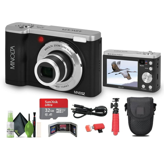 Minolta MNB5Z 56MP Dual Lens Point & Shoot Digital Camera with 5X Optical Zoom & 5K Ultra HD Video Bundle With 32GB Memory Card   Vlogger Tripod   Bag   Cleaning Kit   More Accessories (Black)