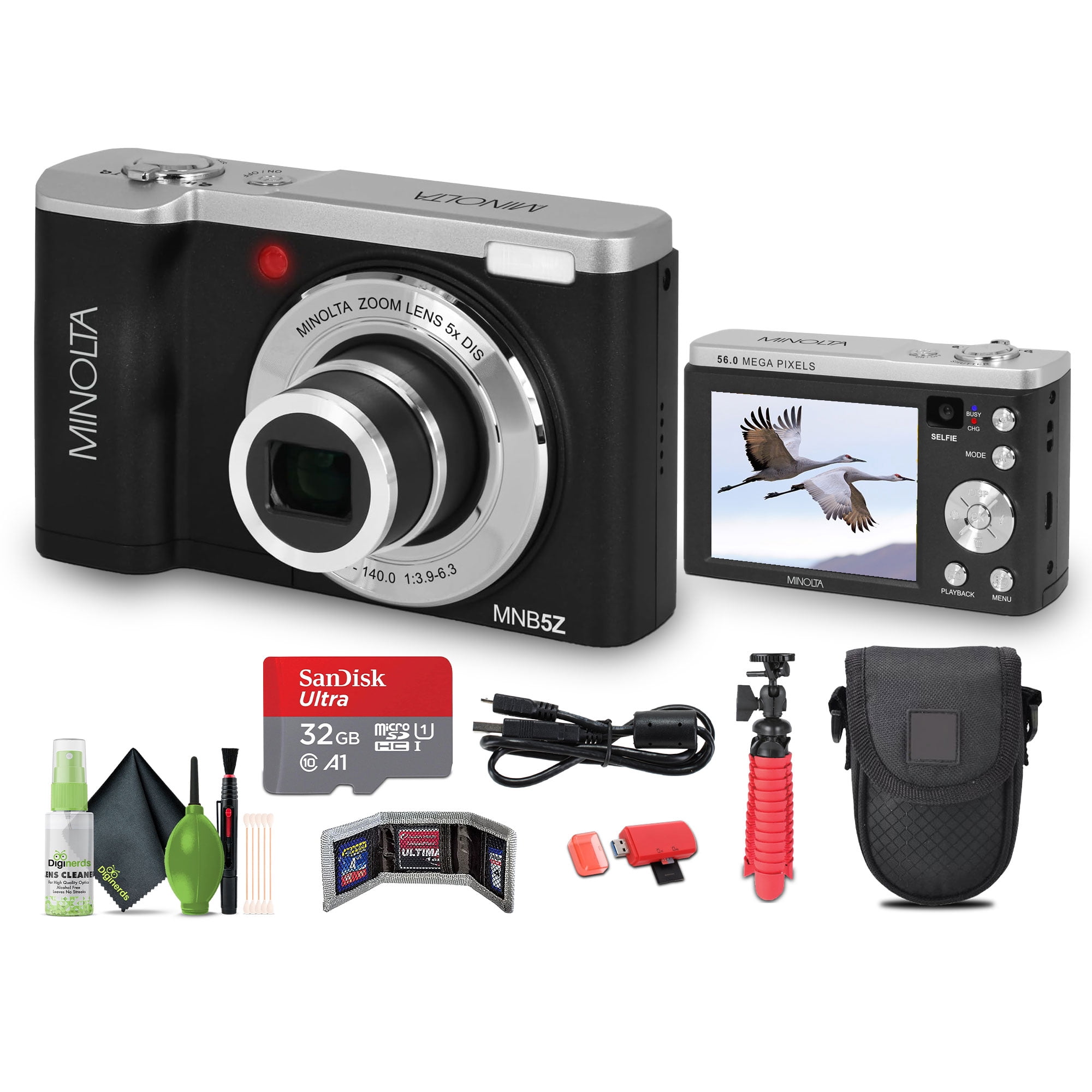 Minolta MNB5Z 56MP Dual Lens Point & Shoot Digital Camera with 5X Optical Zoom & 5K Ultra HD Video Bundle With 32GB Memory Card + Vlogger Tripod + Bag + Cleaning Kit + More Accessories (Black)