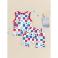 thumbnail image 6 of Aojekbee Baby Boy 4th of July Outfit, Star Print Round Neck Sleeveless Tank Tops Checkerboard Elastic Waist Shorts Toddler Summer Set, 6 of 10
