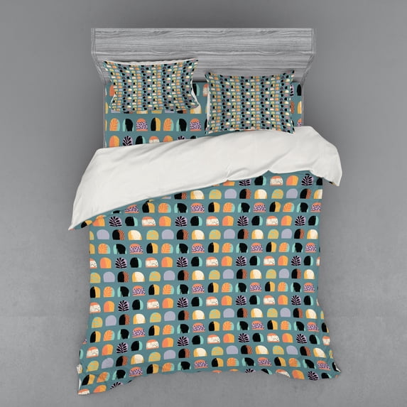 Abstract Duvet Cover Set, Colorful Hand Drawn Oval Shapes with Different Patterns Leaves Stripes and Dots, Bedding Set with Shams and Fitted Sheet, 3 Sizes, by Ambesonne