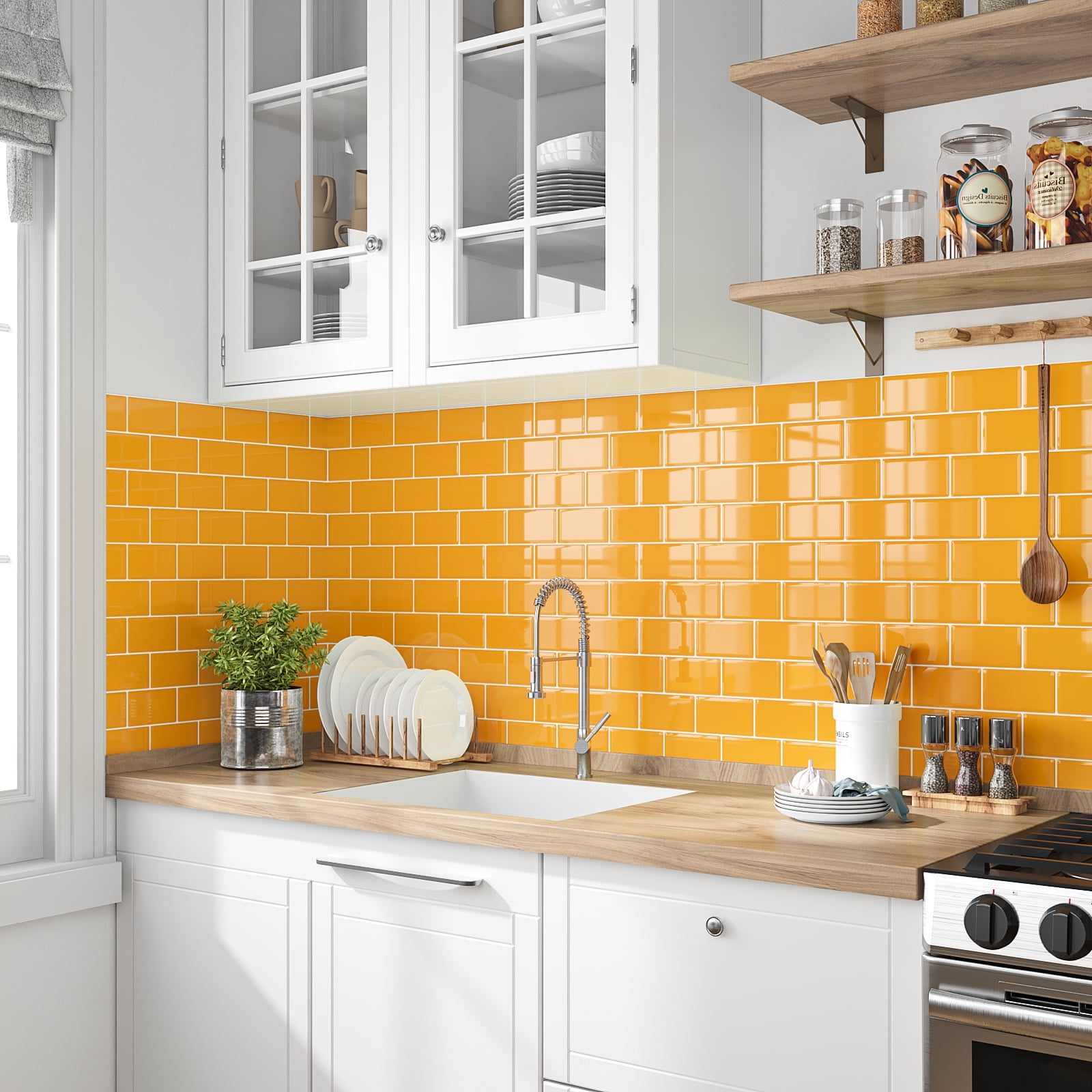 VEELIKE Yellow Subway Tile Peel and Stick Backsplash for Kitchen Waterproof 12"x12" 6 Sheets Yellow Wall Tiles for Bathroom Self Adhesive Vinyl Backsplash Tile Removable Stick on Tiles for Walls