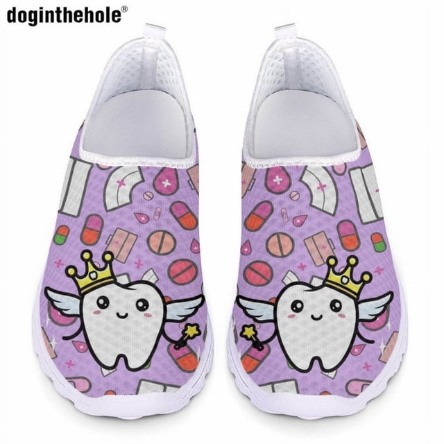 Doginthehole - Zapatos de enfermera informales a la moda para mujer, nuevos, ligeros, cómodos, de malla transpirable, zapatos planos con estampado de dientes de dibujos animados