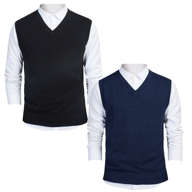 TOPTIE 2 Pack Window Clerk Sweater Vests For Men, Work Uniform Cotton V-Neck Sweater Vests-Black Navy-2XL