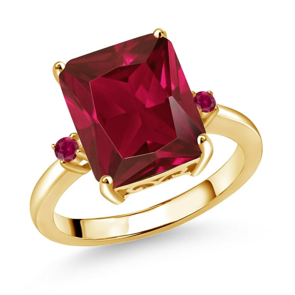 Gem Stone King 18K Yellow Gold Plated Silver 12X10MM Red Created Ruby 3 Stone Engagement Ring for Women | 5.80 Cttw | Gemstone July Birthstone | Size 7