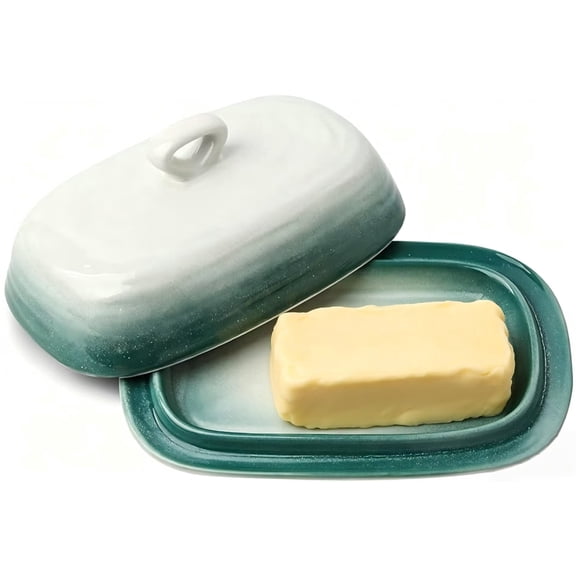 Tikooere Ceramic Butter Dish with Handle & Lid - 7.5 Inch Green Gradient Butter Holder, Durable Porcelain Butter Keeper for Countertop, Kitchen Decor & Gift