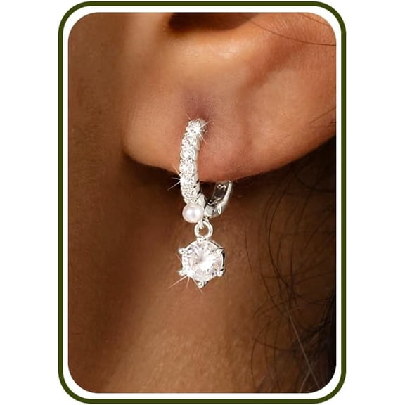SUETOR Silver Plated Hoop Dangle Earrings for Women, CZ Pearl Accent Drop Earrings, Hypoallergenic Huggie Jewelry Gift