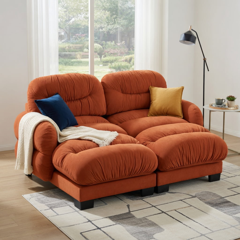Hommoo Chenille 2-Seater Modular L-Shaped Sectional Sofa with Ergonomic Foam, Curved Armrests, 2 Ottomans & Throw Pillows, Pleated Back Design, Orange