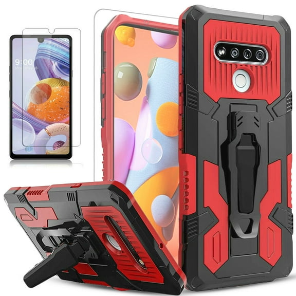 LG Stylo 6 Case, Dual Layers [Combo Holster] And Built-In Kickstand Bundled with [Temerped Glass Screen Protector] Hybird Shockproof (Red)