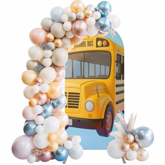 School Bus Arch Backdrop Cover, Spandex Fitted Wedding Arch Cover, Cartoon Funny Yellow Transportation Truck Blue Round Top Stand Covers for Birthday Ceremony Bridal Shower Party Decor 6x2.6 Ft