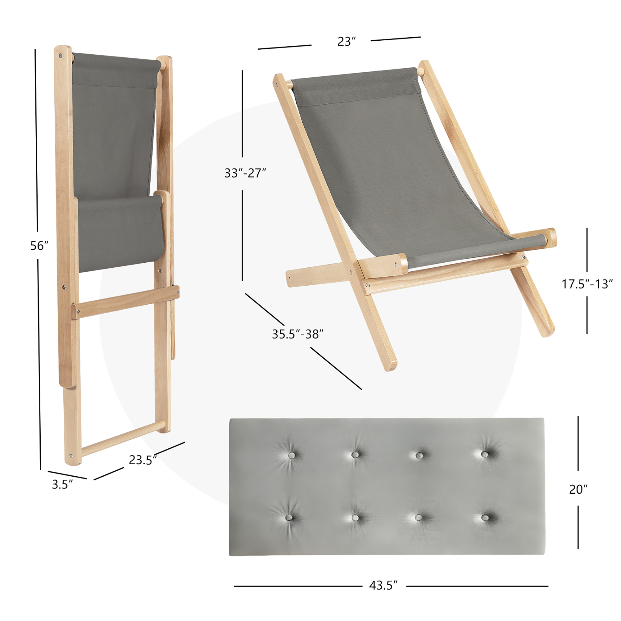 Costway Foldable Wood Beach Sling Chair 3-Position Adjustable Beech Chair w/Free Cushion - image 3 of 9