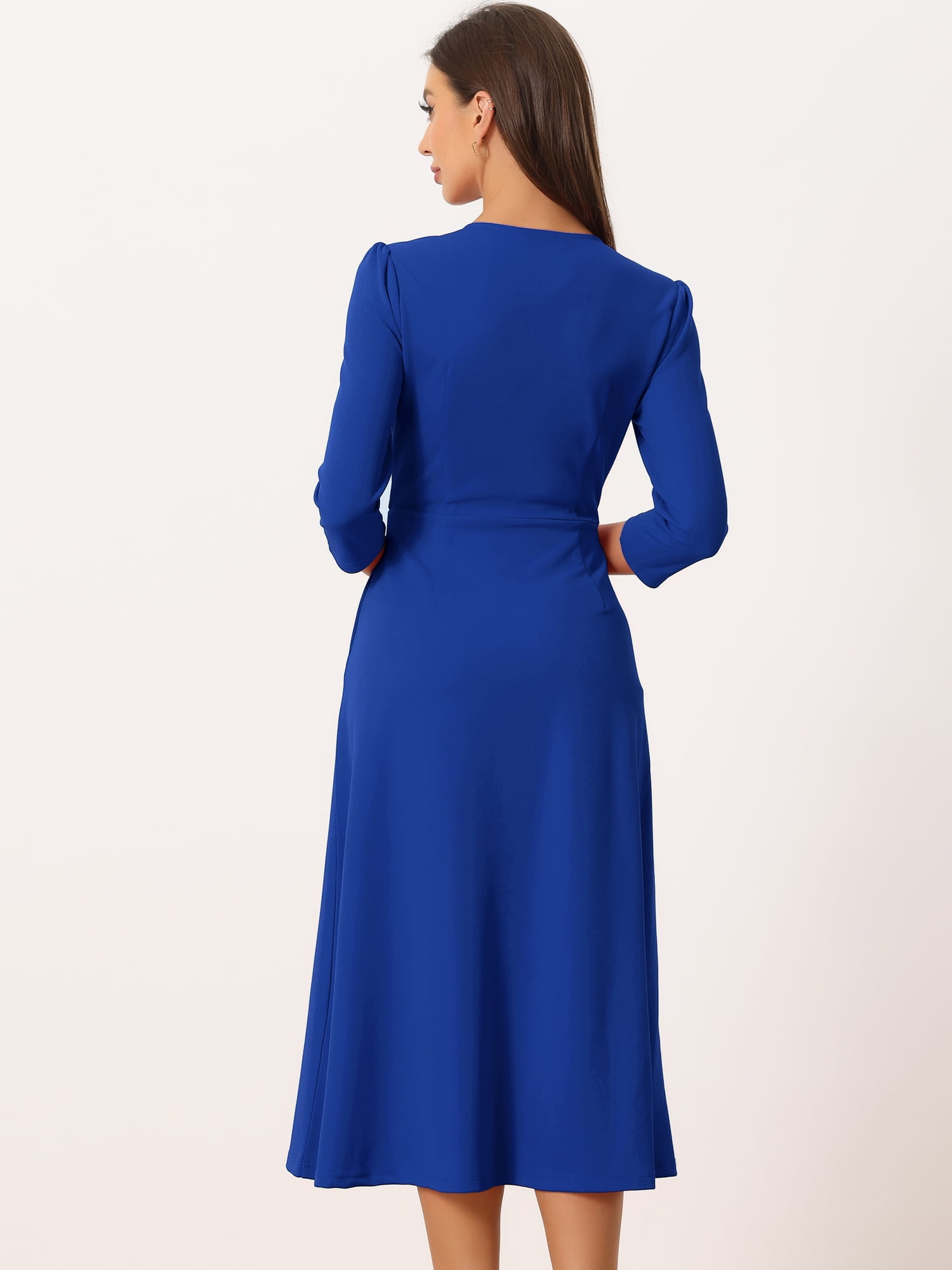 DARING DIVA Work Office Elegant 3/4 Sleeve V Neck A-Line Dress XS Royal Blue