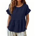 thumbnail image 3 of hoksml Women's Cotton Linen Ruffle Sleeve Peplum Blouse, Round Neck Casual Babydoll Top, Loose Fit Summer Daily Office Wear Shirt, 3 of 7