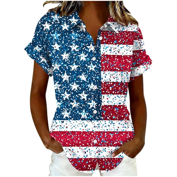 4Th of July Blouses for Women Dressy Casual Loose Fit Short Sleeve Button Down Shirts Summer Tops