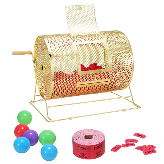 VEVOR Raffle Drum,Holds 5000 Tickets or 200 Ping Pong Balls, Metal Lottery Spinning Drawing with Wooden Turning Handle,16.1 x Ø12 inch Brass Plated Raffle Ticket Spinning Cage, for Bingo Ballot Part