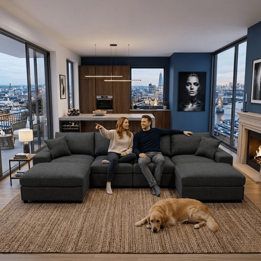 Howcool Cloud Couch Modular Sectional Sofa 6 Seat 134" U Shaped Convertible Couch Linen Thick Cushion with 2 Storage Ottomans and Toss Pillows Washable Removable Cover for Living Room,Charcoal Black
