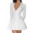 thumbnail image 1 of Robe Blazer Mini Élégante pour Femme à Col en V Profond, Manches Longues, Boutonnée, Plissée, Blanche, m, 1 of 9