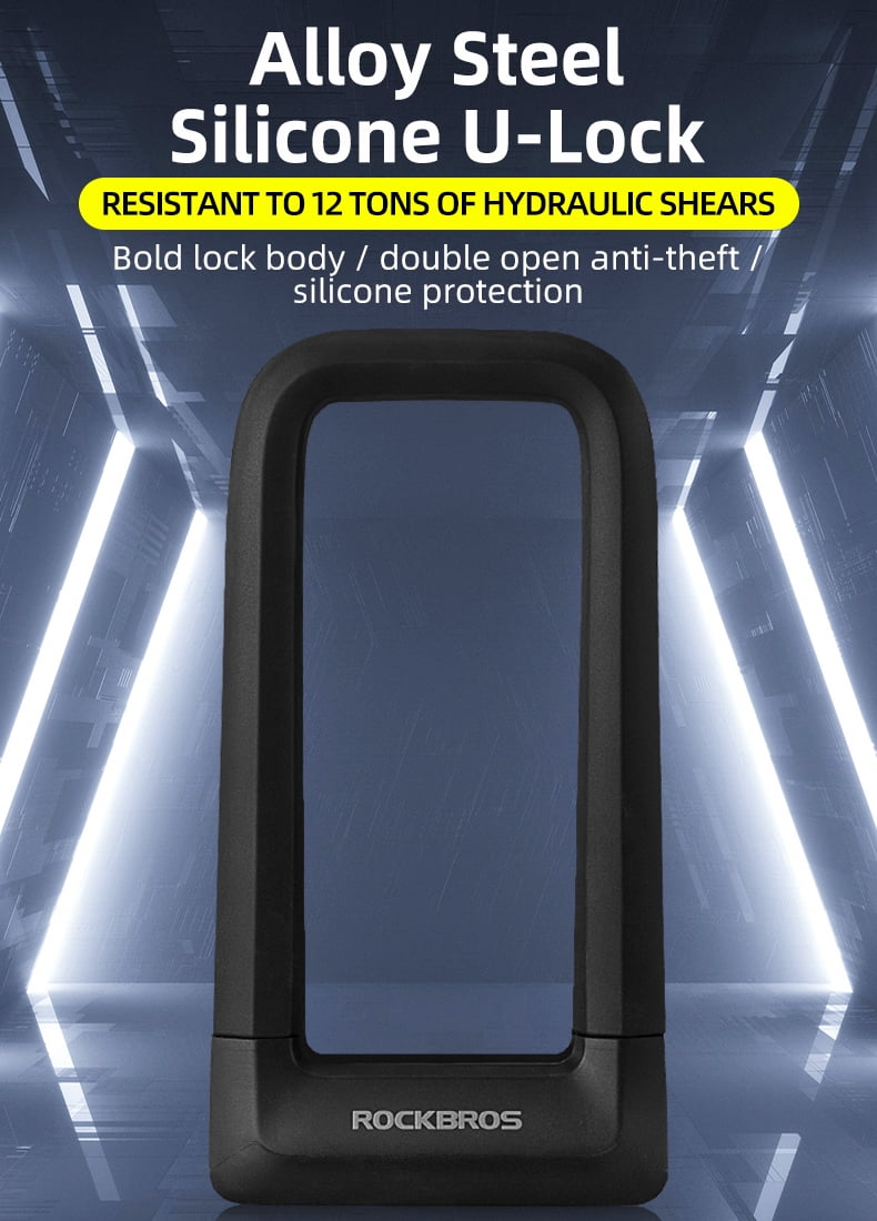 ROCKBROS U Bicycle Locks,Black Silicone Rubber,Key Lock - 22.5mm Thick Steel with 1.2M Cable