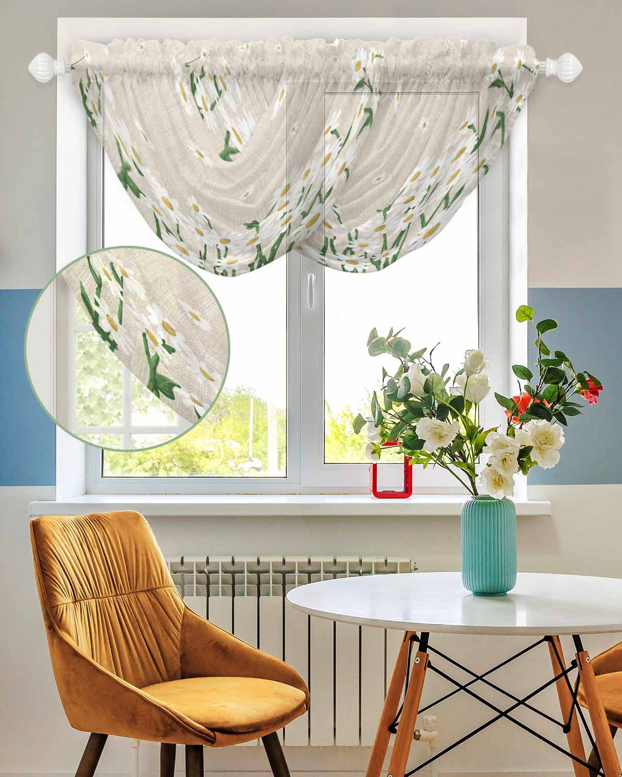 Waterfall Valances for Windows, Spring Floral Kitchen Sheer Valance Curtains, White Daisy Farmhouse Linen Texture Rod Pocket Elegant Swag Valances for Living Room Bedroom, 47.2"x38.5", 2 Panel