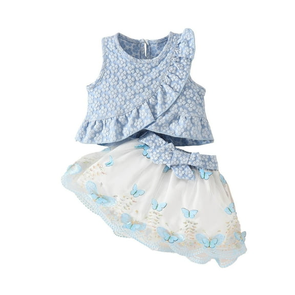 Afdoent Toddler Baby Girl Clothes Summer Baby Girl Buttrfly Tie Dressing Sleeveless Crop Top & Mesh Skirt Set Fashion Clothes Outfits 9-12 Months