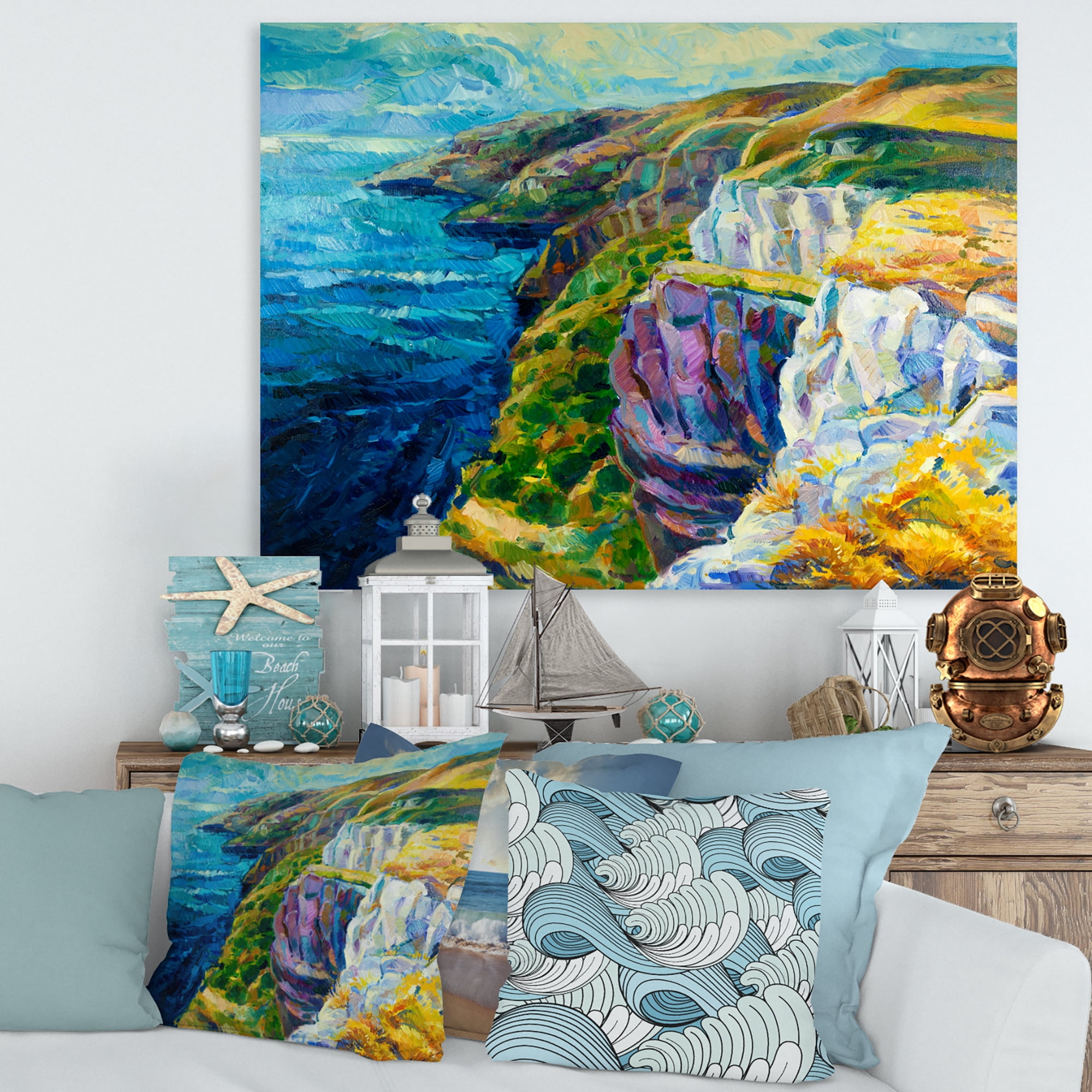 Designart ' The Blue Ocean By Rocky Cliffs II ' Nautical & Coastal Canvas Wall Art Print
