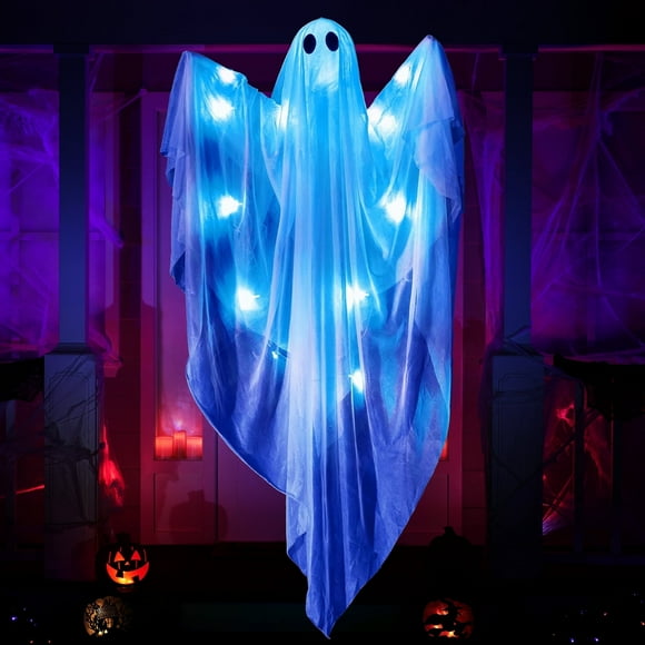 Joyfy 47” Hanging Light up Ghost with Blue LED Light, Halloween Hanging Decoration for Yard Patio Lawn Garden Indoor Outdoor Decor