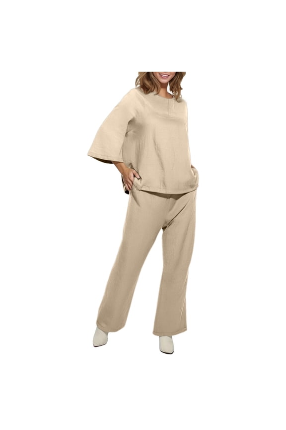 Vintage Women's Linen Two Piece Set With Loose Fit Elastic Waist Pants Wedding Jumpsuits for Women Bride Pantsuit Paints Suit for Women Pant Suits for Women Business Women Jumpsuits And Rompers Dressy