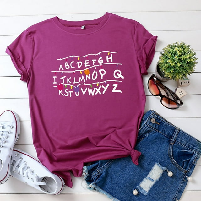 Hauts à Manches Courtes Grande Taille pour Femmes, T-Shirt Imprimé Alphabet d'Été, T-Shirt Décontracté à Manches Courtes Col en V pour Femmes en Liquidation