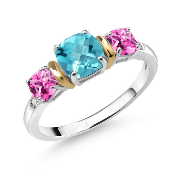Gem Stone King 1.83 Ct Cushion Checkerboard Swiss Blue Topaz Pink Created Sapphire 925 Silver and 10K Yellow Gold Diamond 3-Stone Ring (Size 7)