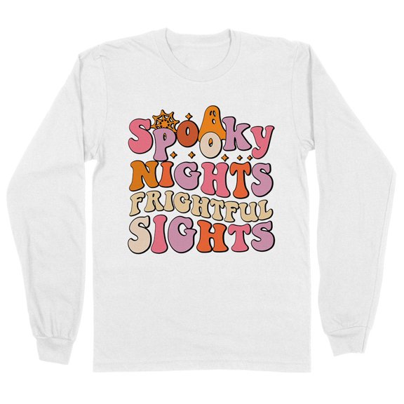 Spooky Nights Frightful Sights Long Sleeve Shirt Unisex Large White